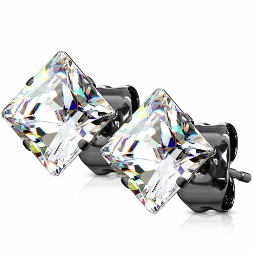 Sort ørestik med CZ 6x6mm "1stk" Achilla